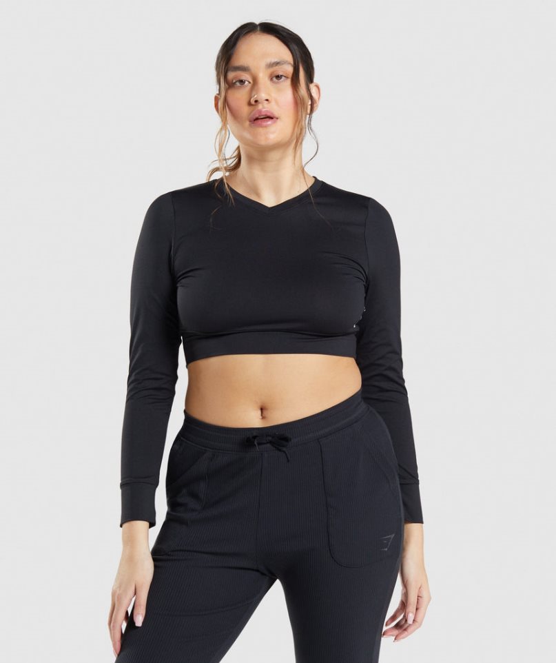 Women\'s Gymshark Pause Open Back Long Sleeve Cropped Tops Black | CA 57A13N